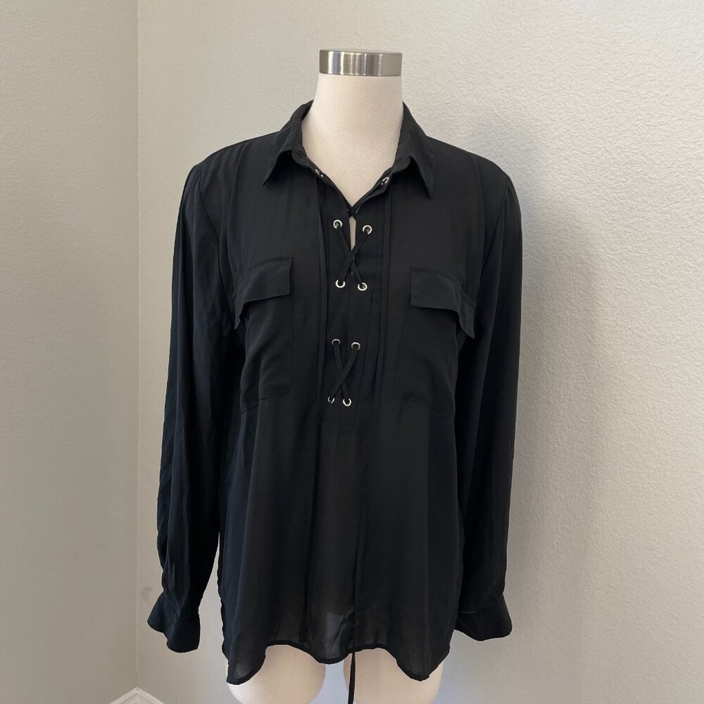 Perch by Blu Pepper Womens‎ Plus 1X Black Sheer Lace Up Blouse Long Sleeve Shirt